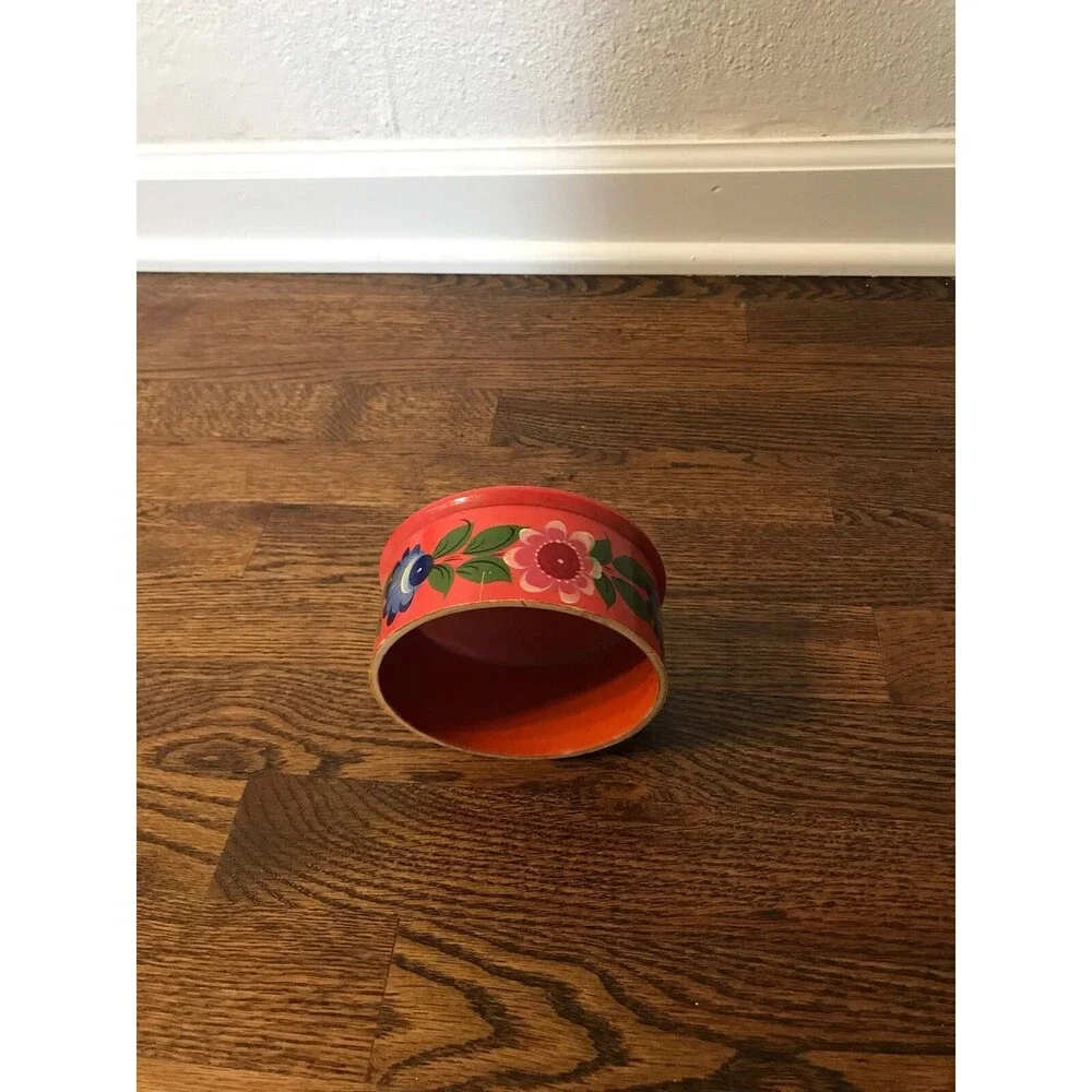 vtg 70s boho wooden jewelry bowl hand painted‎ orange floral home decor gift